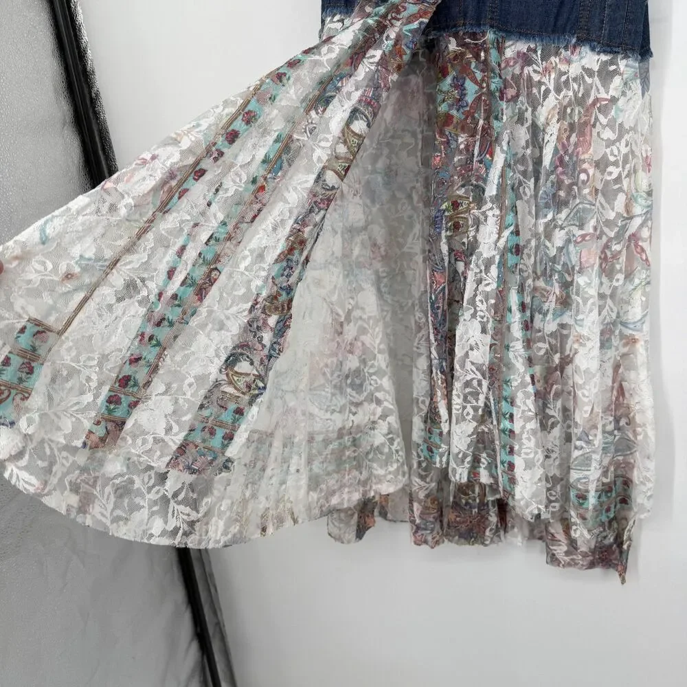 Origami Denim White Lace Vest Cardigan Duster Boho Western Fairy Women Size S/M